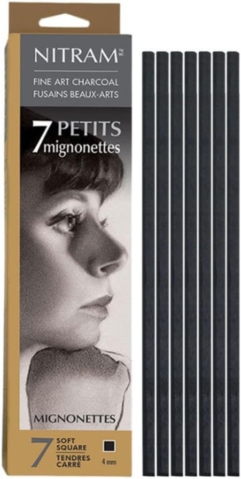 NITRAM Mignonettes - Baton Refills - Box of 7 Soft Natural Charcoal Sticks - Square - 4 mm x 4 mm x 15 cm